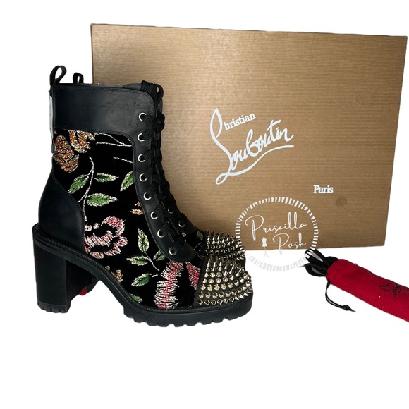 Christian Louboutin Croc Floral Studded Hiking Ankle Boots Black Spike Studded - Picture 3 of 15